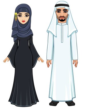 Animasyon geleneksel giysiler içinde Arap aile portresi. Tam büyüme. Beyaz bir arka plan üzerinde izole vektör çizim.