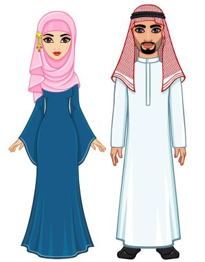 Animasyon geleneksel giysiler içinde Arap aile portresi. Tam büyüme. Beyaz bir arka plan üzerinde izole vektör çizim.