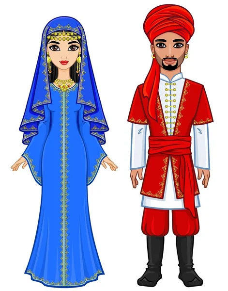 Conte Fées Portrait Animation Famille Arabe Vêtements Anciens Pleine Croissance — Image vectorielle