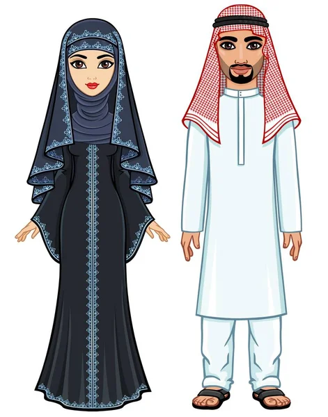 Portrait Animation Famille Arabe Vêtements Traditionnels Pleine Croissance Illustration Vectorielle — Image vectorielle