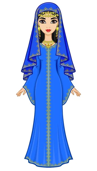 アニメーション古代スーツで美しいアラブの女性の肖像 ロングドレス ベールします 完全な成長 白い背景で隔離のベクトル図 — ストックベクタ