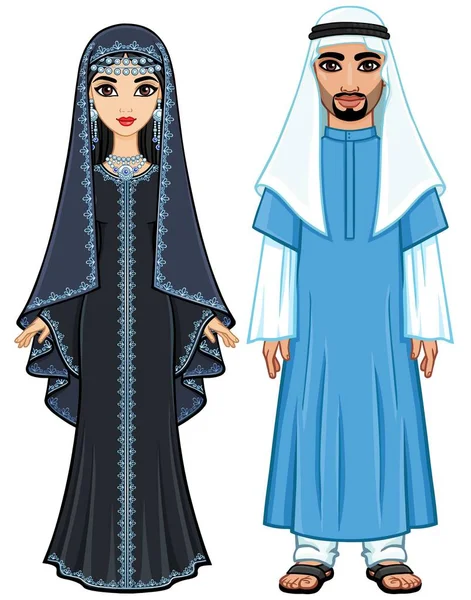 Portrait Animation Famille Arabe Vêtements Traditionnels Pleine Croissance Illustration Vectorielle — Image vectorielle