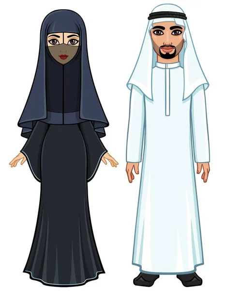 Portret Van Animatie Van Arabische Familie Traditionele Kleding Volle Groei — Stockvector