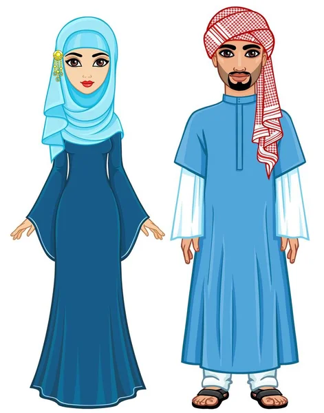 Portret Van Animatie Van Arabische Familie Oude Kleren Volle Groei — Stockvector