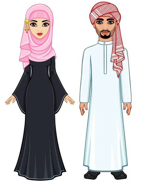Animation Porträtt Familjen Arab Gamla Kläder Full Tillväxt Vektorillustration Isolerade — Stock vektor