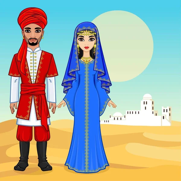 Arabské Pohádky Animaci Portrét Krásné Arabské Rodiny Starých Šatech Pozadí — Stockový vektor