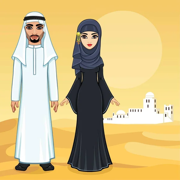 Arabisches Märchen Animationsporträt Der Schönen Arabischen Familie Antiken Kleidern Ein — Stockvektor