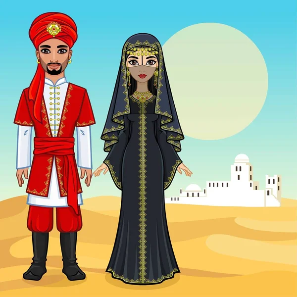 Conte Fées Arabe Portrait Animation Belle Famille Arabe Vêtements Anciens — Image vectorielle