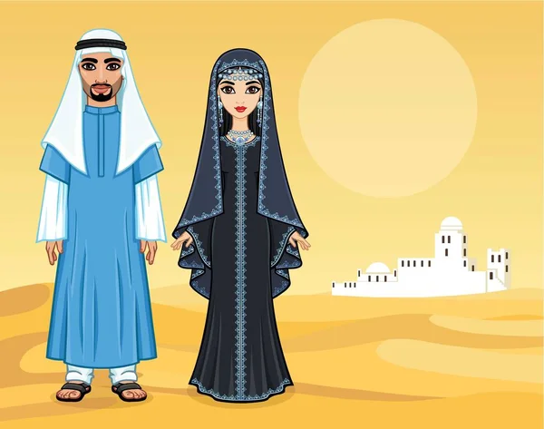 Арабская Сказка Анимационный Портрет Прекрасной Арабской Семьи Старинной Одежде Фон — стоковый вектор