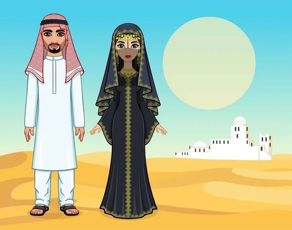 Arabische Sprookje Portret Van Animatie Van Prachtige Arabische Familie Oude — Stockvector