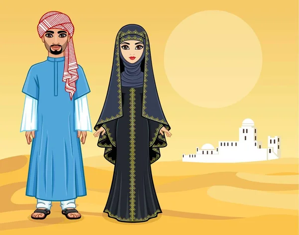Dongeng Arab Animasi Potret Indah Keluarga Arab Dalam Pakaian Kuno - Stok Vektor