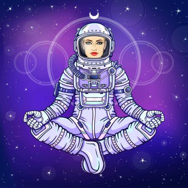 Buda poz oturan bir kadın astronot figürü. Meditasyon uzayda. Çizim rengi. Arka plan - gece yıldızlı gökyüzü. Vektör çizim. Baskı, poster, tişört, kart.