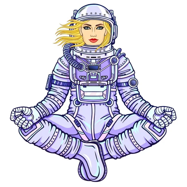 Buda Poz Oturan Kadın Astronot Animasyon Rakam Meditasyon Uzayda Çizim — Stok Vektör
