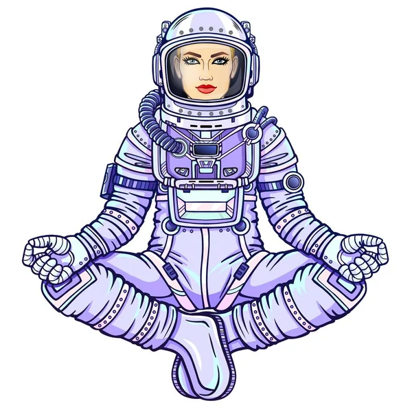 Buda Poz Oturan Bir Kadın Astronot Figürü Meditasyon Uzayda Çizim — Stok Vektör