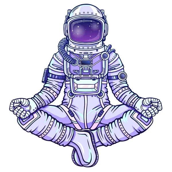 Buda poz oturan astronot animasyon rakam. Meditasyon uzayda. Çizim rengi. Beyaz bir arka plan üzerinde izole vektör çizim. Baskı, poster, tişört, kart.