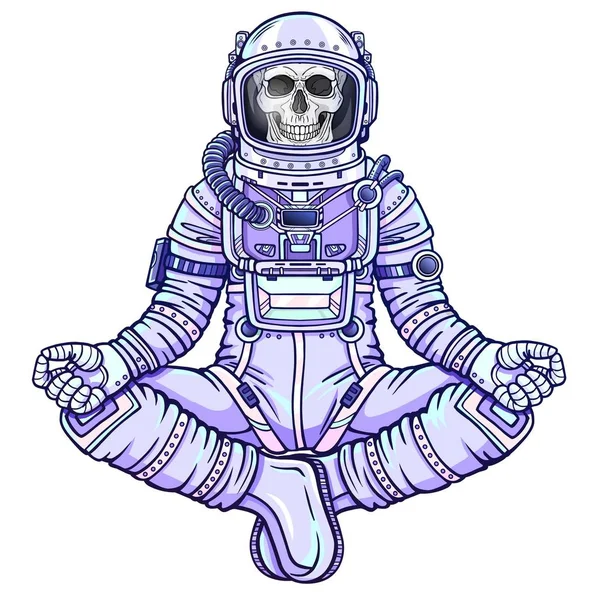 Figura Animación Del Esqueleto Del Astronauta Sentado Pose Buda Meditación — Vector de stock