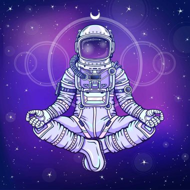 Buda poz oturan astronot animasyon rakam. Meditasyon uzayda. Çizim rengi. Arka plan - gece yıldızlı gökyüzü. Vektör çizim. Baskı, poster, tişört, kart.