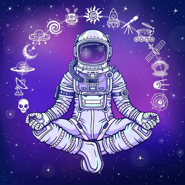 Buda poz oturan astronot animasyon rakam. Meditasyon uzayda. Simgeler kümesi. Çizim rengi. Arka plan - gece yıldızlı gökyüzü. Vektör çizim. Baskı, poster, tişört, kart.