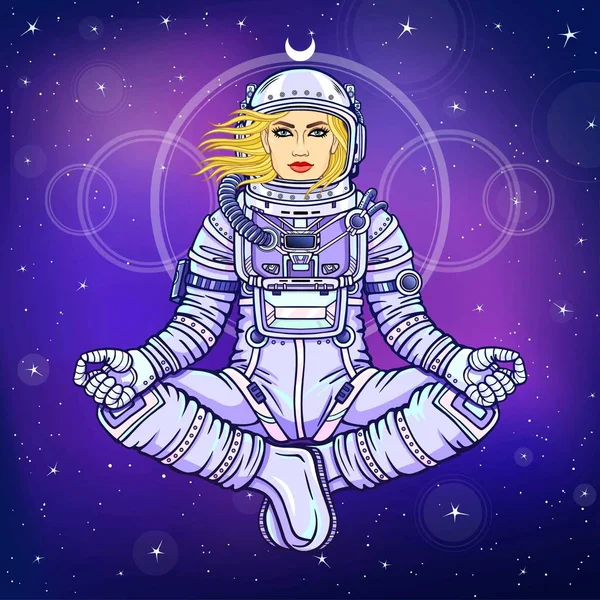 Imaginea Unei Femei Astronaut Care Stă Într Poziție Buddha Meditație — Vector de stoc