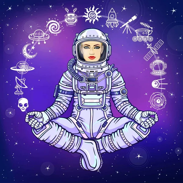 Figura Uma Mulher Astronauta Sentada Numa Pose Buda Meditação Espaço — Vetor de Stock