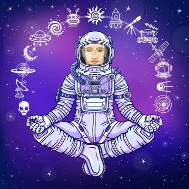 Buda poz oturan astronot animasyon rakam. Meditasyon uzayda. Simgeler kümesi. Çizim rengi. Arka plan - gece yıldızlı gökyüzü. Vektör çizim. Baskı, poster, tişört, kart.