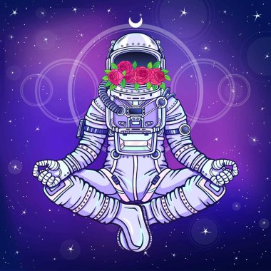 Buda poz oturan astronot animasyon rakam. Meditasyon uzayda. Çizim rengi. Arka plan - gece yıldızlı gökyüzü. Vektör çizim. Baskı, poster, tişört, kart.
