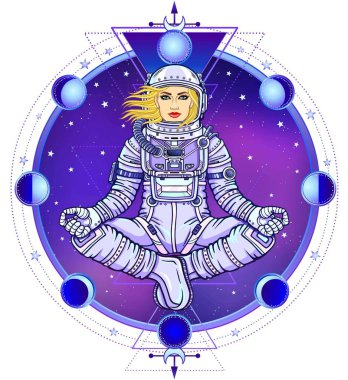Buda poz oturan kadın astronot animasyon rakam. Meditasyon uzayda. Çizim rengi. Arka plan - gece yıldızlı gökyüzü, ay, kutsal geometri aşamaları. Vektör çizim.