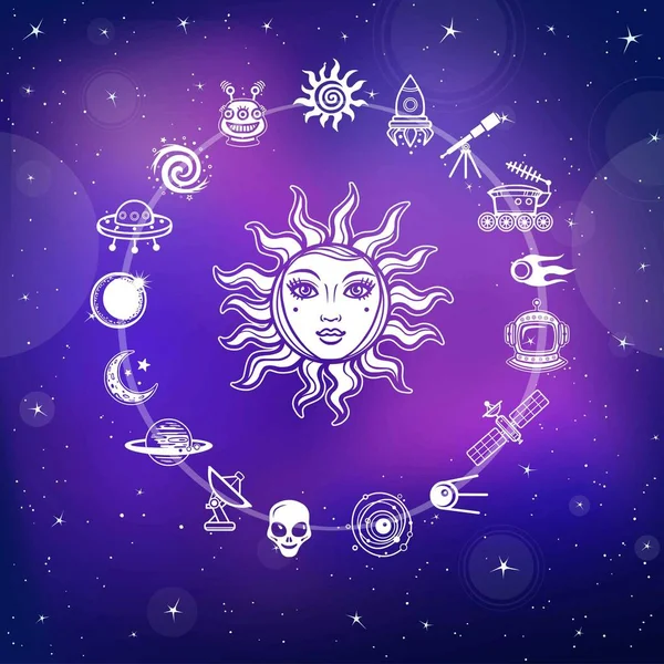 Dibujo Espacial Sol Con Rostro Humano Conjunto Iconos Tecnológicos Fondo — Vector de stock