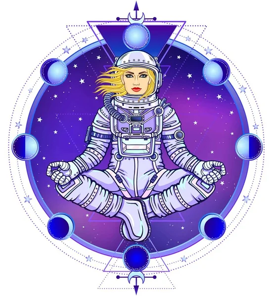 Figura Animação Mulher Astronauta Sentada Pose Buda Meditação Espaço Desenho —  Vetores de Stock
