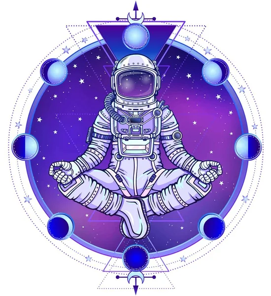 Figura Animație Astronautului Care Stă Poziția Lui Buddha Meditație Spațiu — Vector de stoc