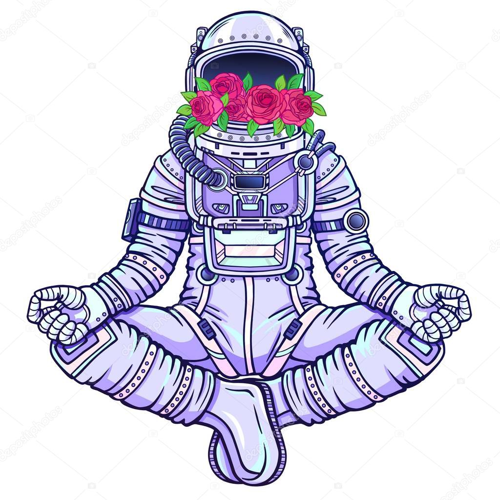 Animation figure of the astronaut sitting in Buddha pose. Meditation in space.  Color drawing. Vector illustration isolated on a white background. Print, poster, t-shirt, card.