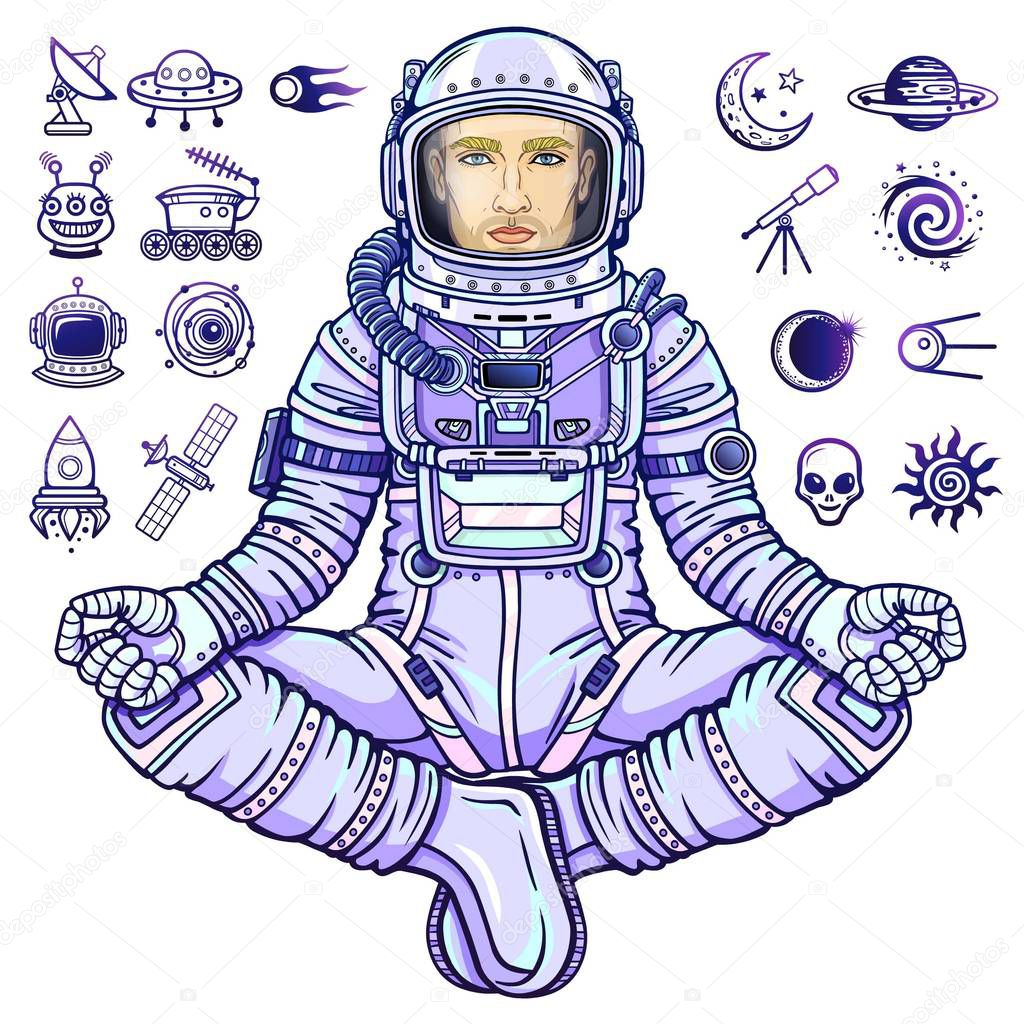 Animation figure of the astronaut sitting in Buddha pose. Meditation in space. Set of icons. Color drawing. Vector illustration isolated on a white background. Print, poster, t-shirt, card.