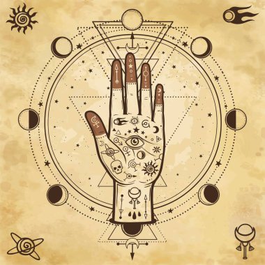 Mysterious background: divine hand, providence eye, sacred geometry, phases of the moon. Background - imitation of old paper. Esoteric, mysticism, occultism. Print, poster, t-shirt, card. Vector. clipart
