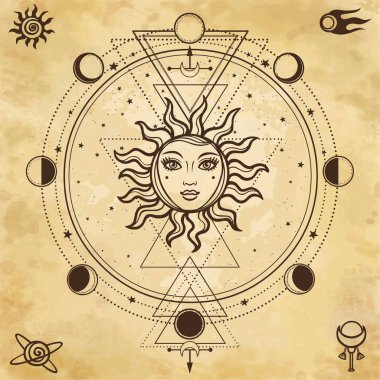 Gizemli arka plan: bir insan yüzü, kutsal geometri, ayın evreleri ile güneş. Arka plan - eski kağıt imitasyon. Ezoterik, Tasavvuf, büyü. Baskı, poster, tişört, kart. Vektör çizim