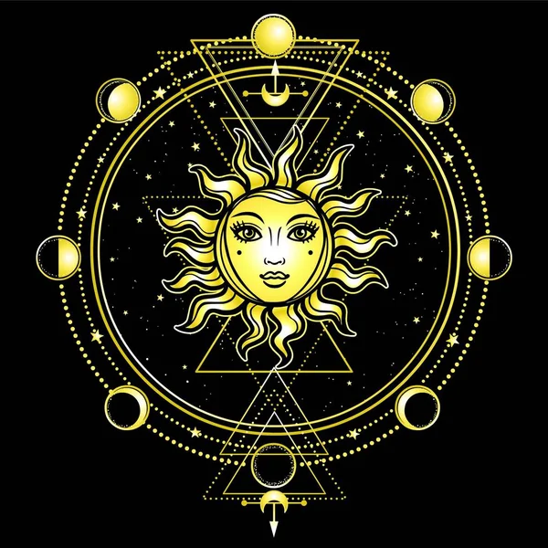 Mystiska Ritning Solen Med Ett Mänskligt Ansikte Sakral Geometri Månens — Stock vektor