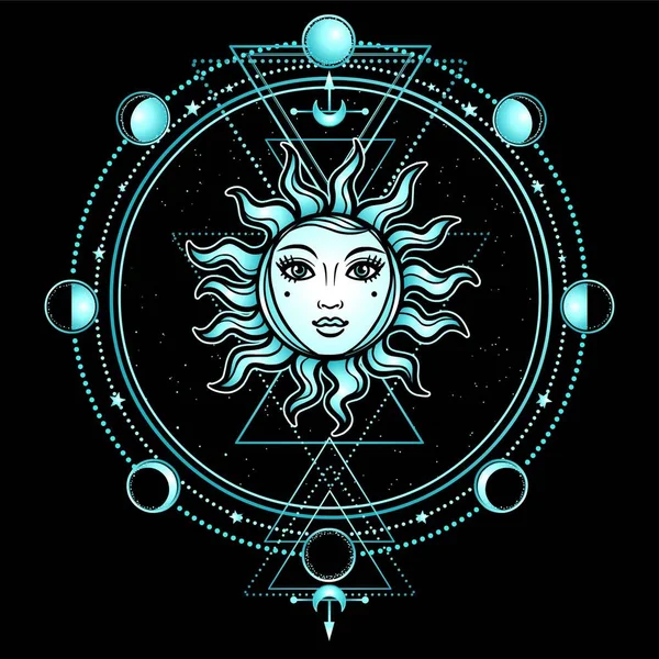 神秘的な図面 人間の顔 神聖な幾何学 月の満ち欠けと太陽 密教は 神秘主義 オカルト ポスター シャツ カード — ストックベクタ