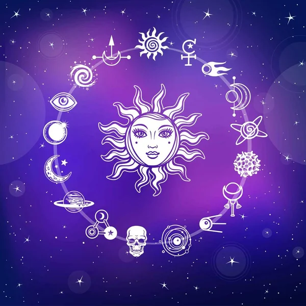 Desen Spațial Soarele Față Umană Set Icoane Mistice Contextul Cerul — Vector de stoc