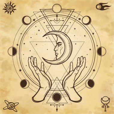 Mystical drawing: human hands hold the moon. Sacred geometry. Alchemy, magic, esoteric, occultism. Background - imitation of old paper. Vector Illustration. clipart