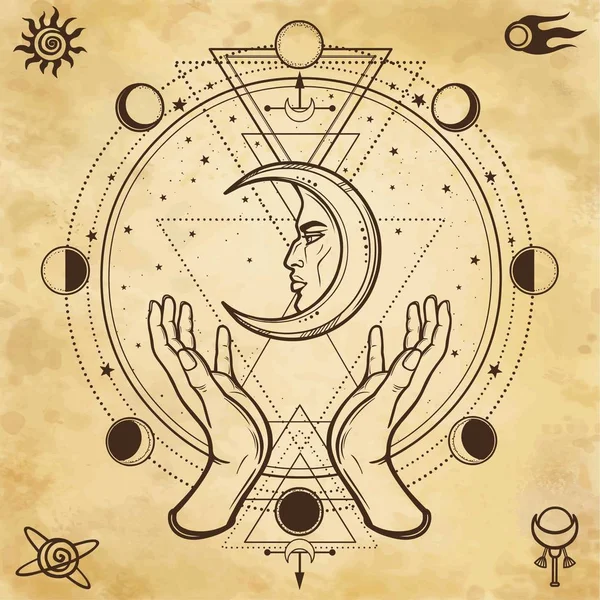Містичний Малюнок Людські Руки Тримають Місяць Священна Геометрія Алхімія Магія — стоковий вектор