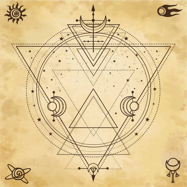 神秘的な背景 神聖な幾何学 三角形 古い紙の模倣 テキストを配置します 密教は 神秘主義 オカルト ベクトル図 — ストックベクタ