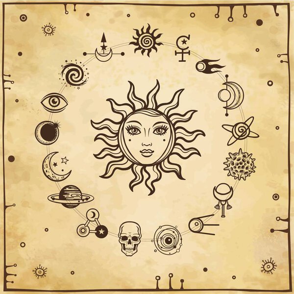 Космический рисунок: солнце с человеческим лицом, набор мистических икон. Фон - имитация старой бумаги. Эзотерика, мистика, оккультизм. Печать, плакат, футболка, открытка. Векторная иллюстрация
