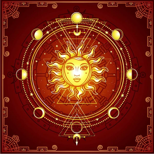 Dibujo Místico Sol Con Rostro Humano Geometría Sagrada Fases Luna — Vector de stock