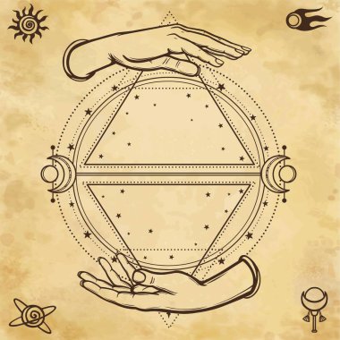 Gizemli çizim: insan eli tutun bir sihir Birliği, kutsal geometri. Alanı simgeler. Arka plan - eski kağıt imitasyon. Metni için bir yer. Ezoterik, Tasavvuf, büyü. Vektör çizim.
