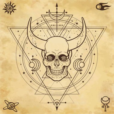 Mysterious drawing: horned skull, sacred geometry, space symbols. Alchemy, magic, esoteric, occultism.  Background - imitation of old paper. Vector Illustration. clipart