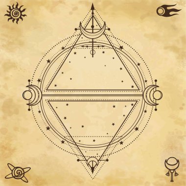 Gizemli arka plan: kutsal geometri, daire, üçgen, yıldız. Arka plan - eski kağıt imitasyon. Metni için bir yer. Ezoterik, Tasavvuf, büyü. Vektör çizim.