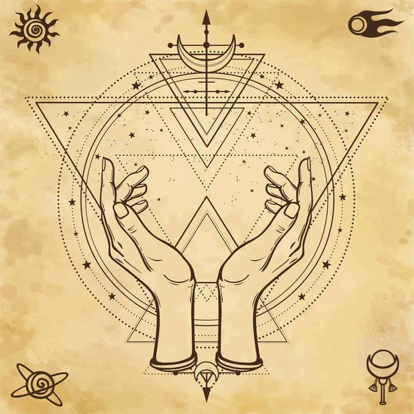 Mysterieuze Tekening Menselijke Handen Houden Een Magische Cirkel Heilige Geometrie — Stockvector