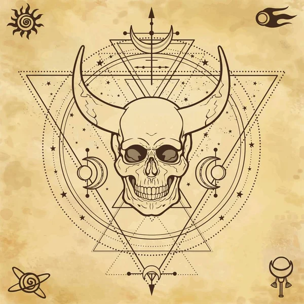 Mysterious Drawing Horned Skull Sacred Geometry Space Symbols Alchemy Magic — Stock Vector