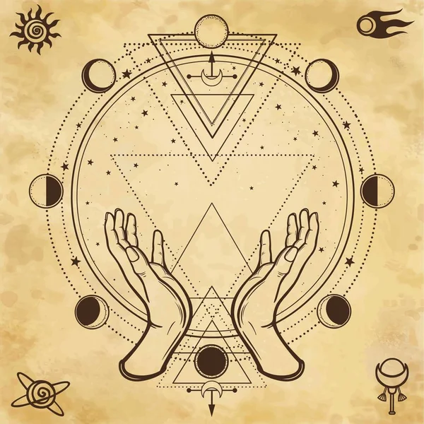 神秘的图画 人类手中握着一个神奇的圆圈 神圣的几何学 空间符号 模仿旧纸 文本的位置 神秘主义 神秘主义 矢量插图 — 图库矢量图片