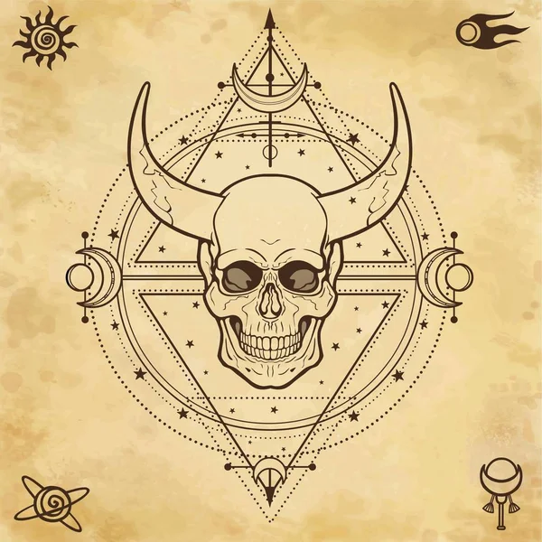 Disegno Misterioso Teschio Cornuto Geometria Sacra Simboli Spaziali Alchimia Magia — Vettoriale Stock