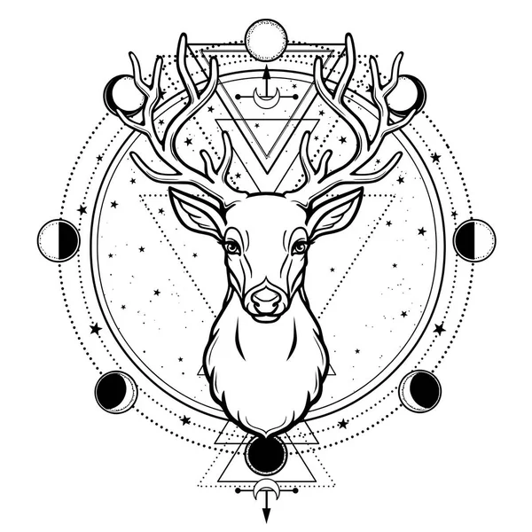 Animation Portrait Horned Deer Spirit Wood Pagan Deity Circle Sacred — Stock Vector